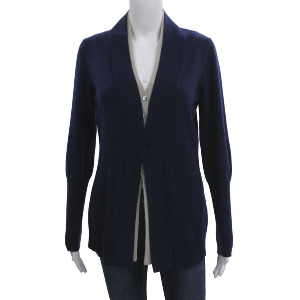 Rani Arabella Women 100% Cashmere V-Neck Cardigan Blue Long Sleeve Size M